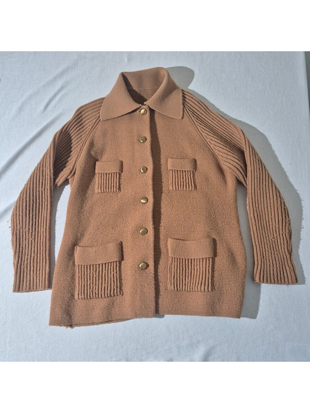 Vintage Tan Womens knit button-front L Large cardigan sweater